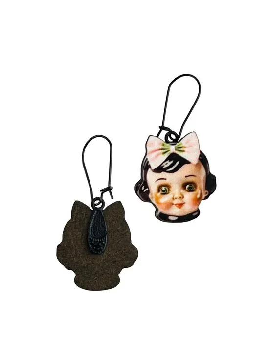 Vintage Doll Face Pink/Green Bows Wood Cutout Dangle Earrings Kitsch Creepy Cute