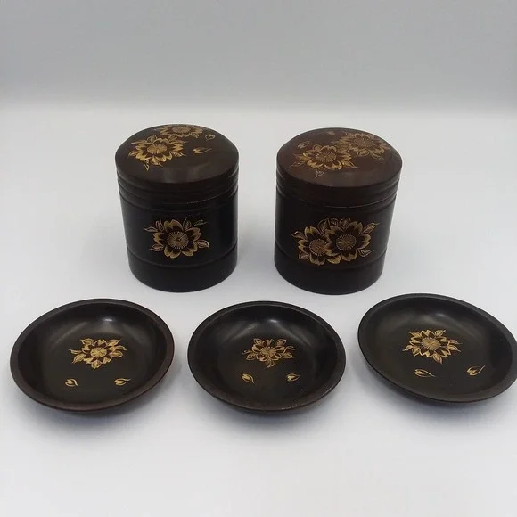 Vintage Maruni Lacquerware Set 2‎ Canisters 3 Bowls Floral Design Occupied Japan