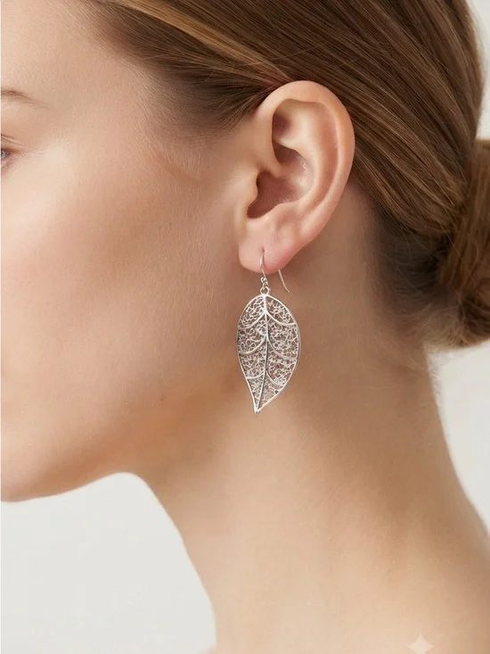 Silver Tone Filigree Leaf Dangle Earrings | Boho Nature Statement Earrings