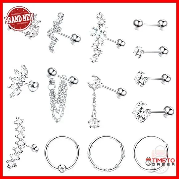 14-Piece 16G Surgical Steel Cartilage Earrings Set for Multiple Piercings