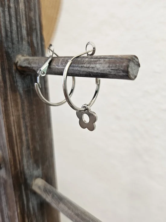 Silver Hoop Earrings with Flower Charm