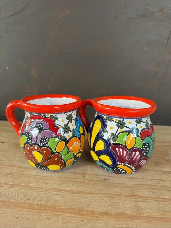 Hand-Painted Talavera-Style Coffee Mugs in Bright Multicolor