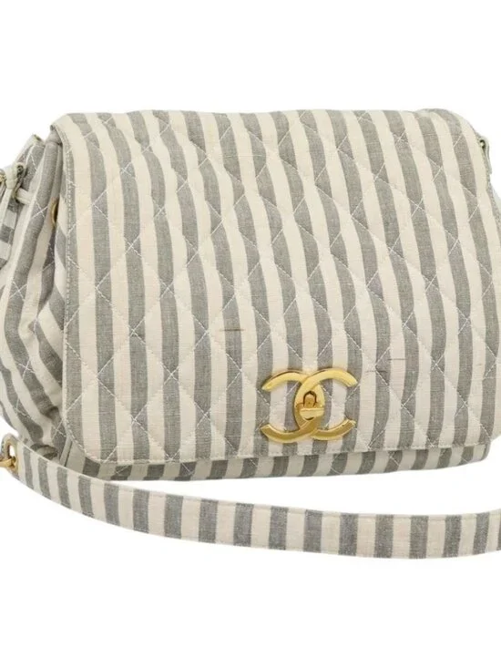 CHANEL Matelasse Shoulder Bag Canvas Light Blue White CC Auth 48071AV