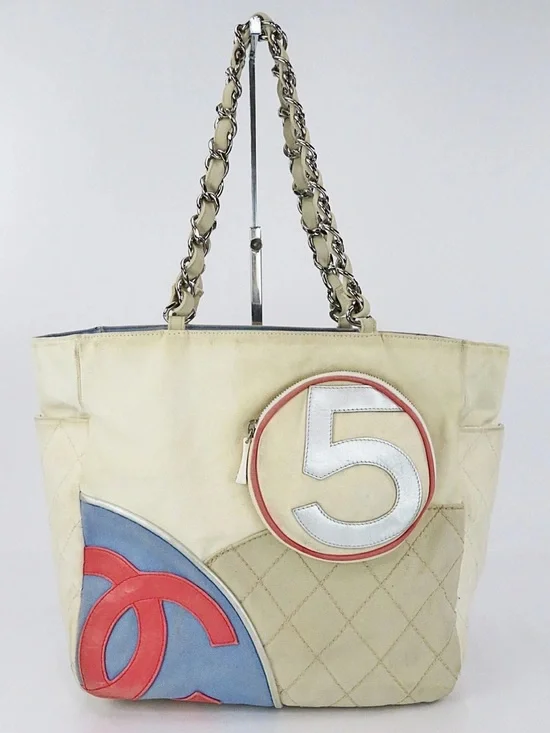 CHANEL Beige Quilted Leather Tote with Blue and Coral Trim