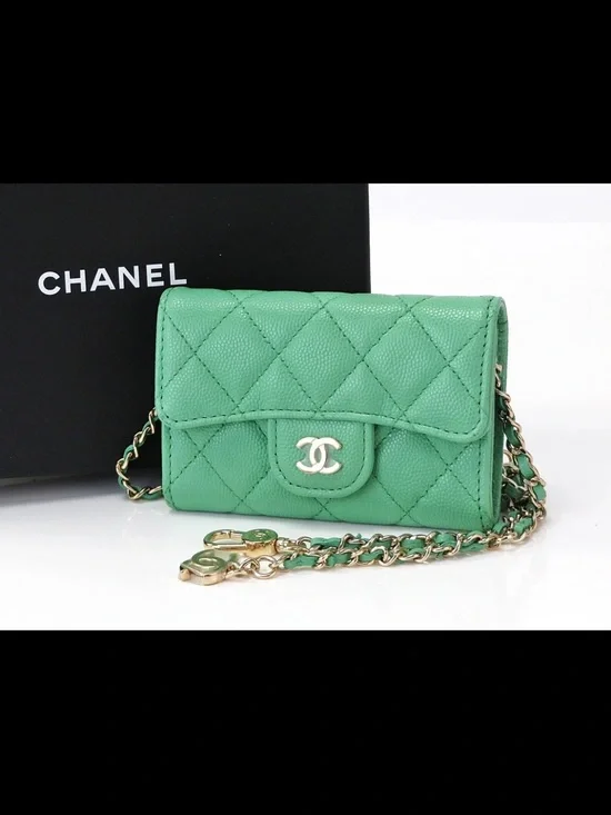 CHANEL Green Quilted Leather Chain Wallet