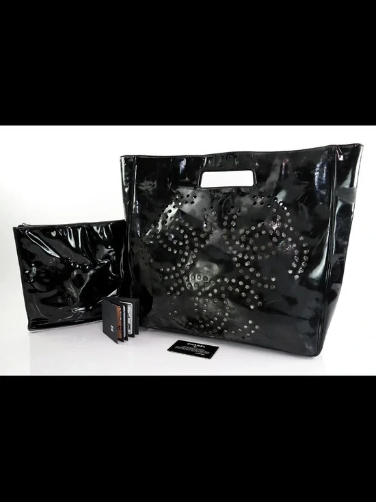 CHANEL Black Patent Stud-Embellished Tote with Matching Pouch