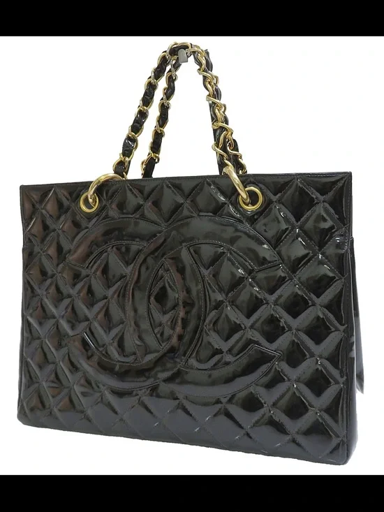 CHANEL Black Quilted Patent Leather Tote with Gold Chain Handles