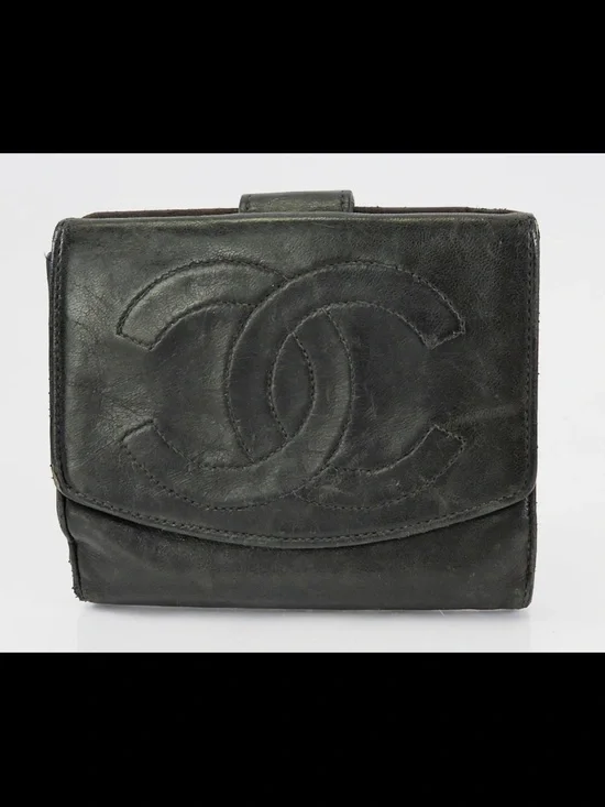 CHANEL Black Embossed CC Leather Compact Wallet