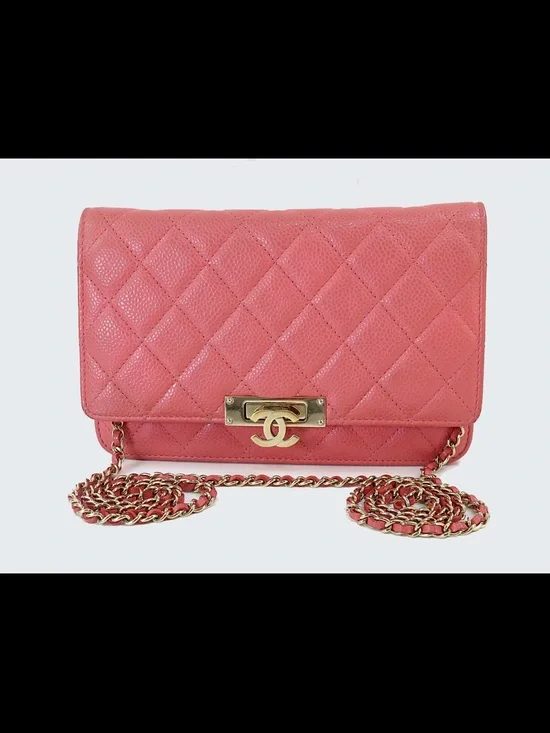 CHANEL Quilted Chain Wallet-On-Chain in Coral Pink with Gold Hardware