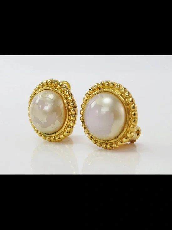 CHANEL Gold-Tone Clip-On Earrings with Pearlescent Cabochons
