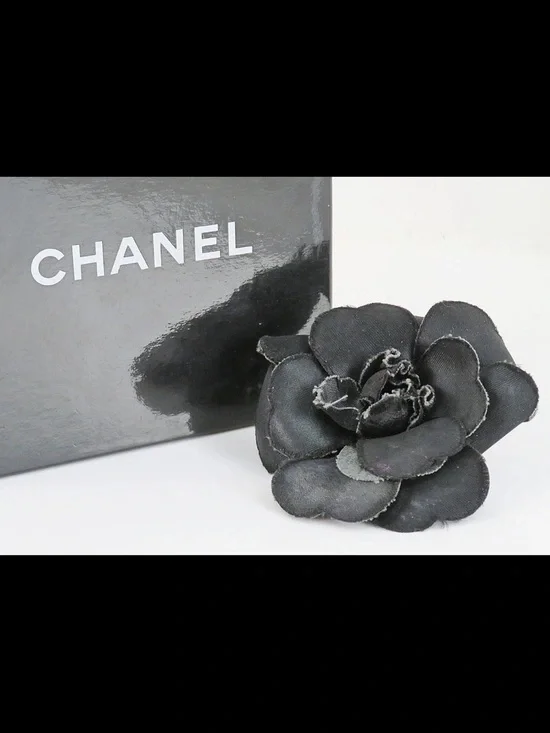 CHANEL Black Camellia Fabric Flower Pin