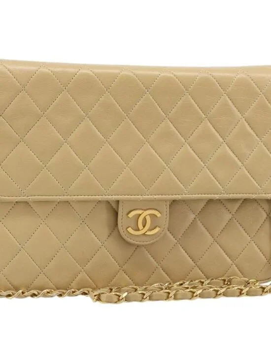CHANEL Matelasse Chain Shoulder Bag Lamb Skin Beige Gold CC Auth 187257