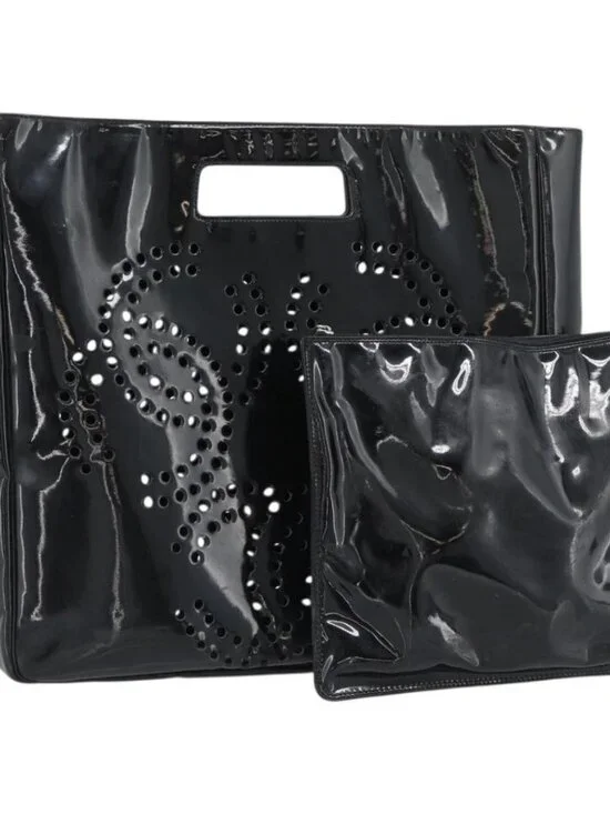 CHANEL Hand Bag Patent leather Black Silver CC Auth 186129