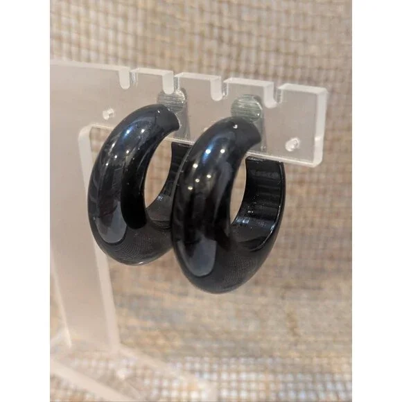 Vintage Black Chunky Hoop Clip-On Earrings Mod Retro Plastic Lightweight