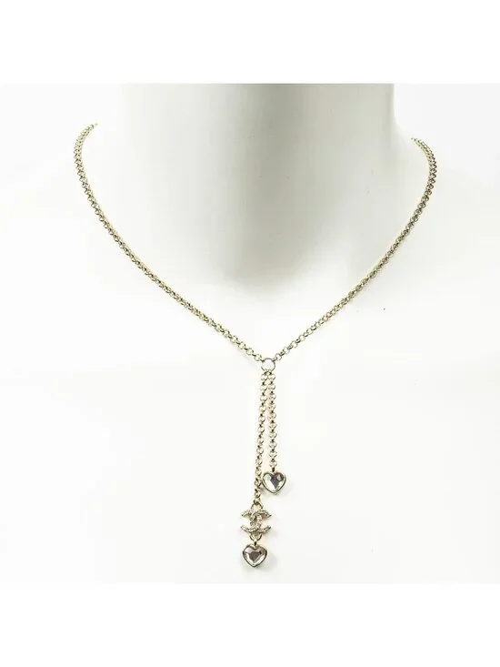 Chanel CC Heart Rhinestone Pendant Gold Plated