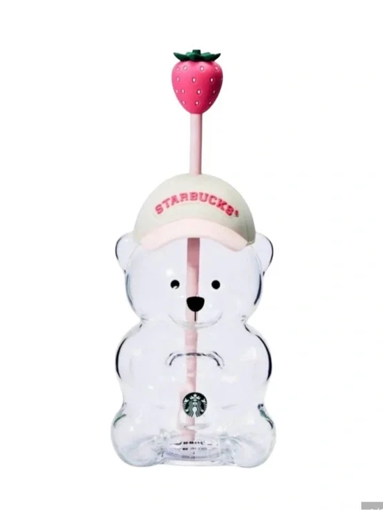 Starbucks Clear Bear Tumbler with Pink Strawberry Topper and Pink Straw