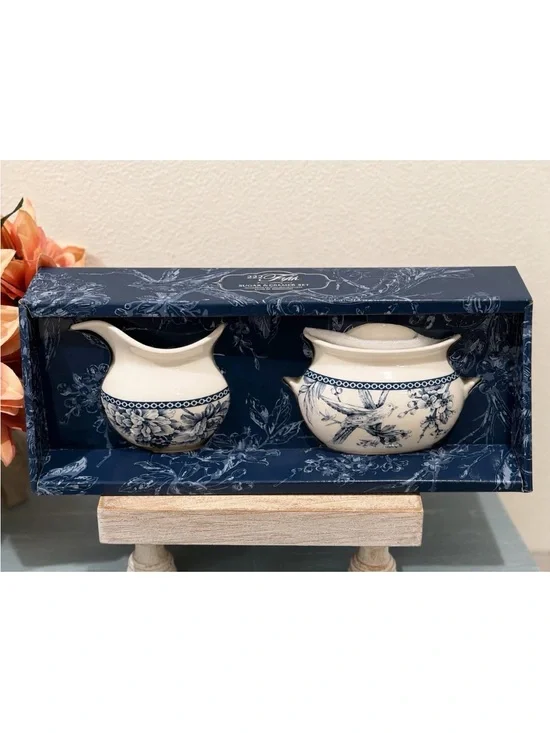 NIB 222 Fifth Adelaide Blue Floral Bird Sugar & Creamer 2 Piece Set