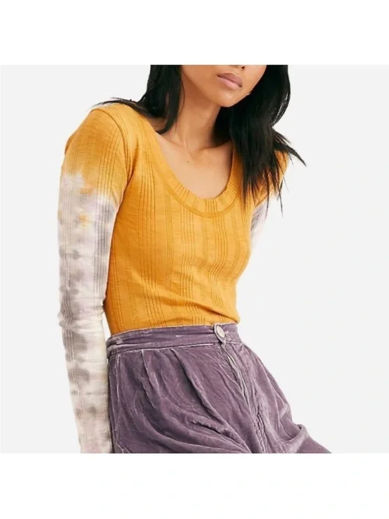 Free People Big Sur Tee in Orange Long Sleeve Tie Dye Large Boho