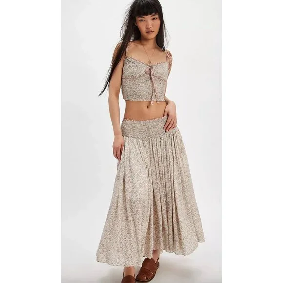 Free People Cream Floral Maxi Skirt and Crop Top Set