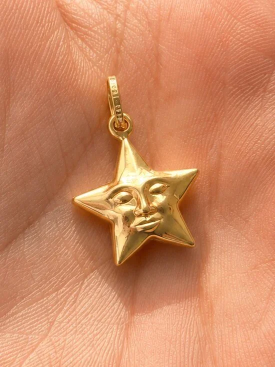 Real 14K Gold Star Pendant, Celestial Star Face Charm, Puffed Moon Star Necklace
