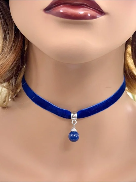 Blue Velvet Choker Necklace with Blue Pendant handcrafted NEW