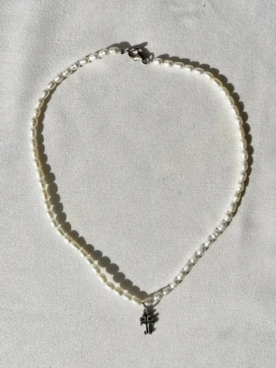 Girls' White Pearl Necklace with Silver Cross Charm
