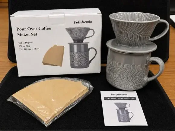Polydremio Ceramic Pour Over Coffee Maker Set Grey 450ml Mug 100 Filters DX316-G