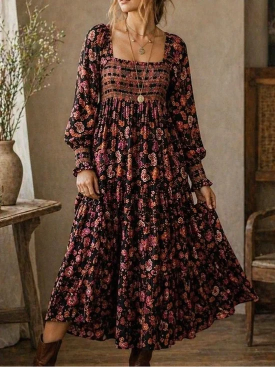 Free People Small Sweet Escape Smocked Black Floral Long Sleeve Maxi Dress Small