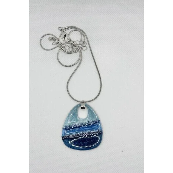 Summery Ocean Themed Blue Enamel and Silver-Tone Teardrop Pendant Necklace