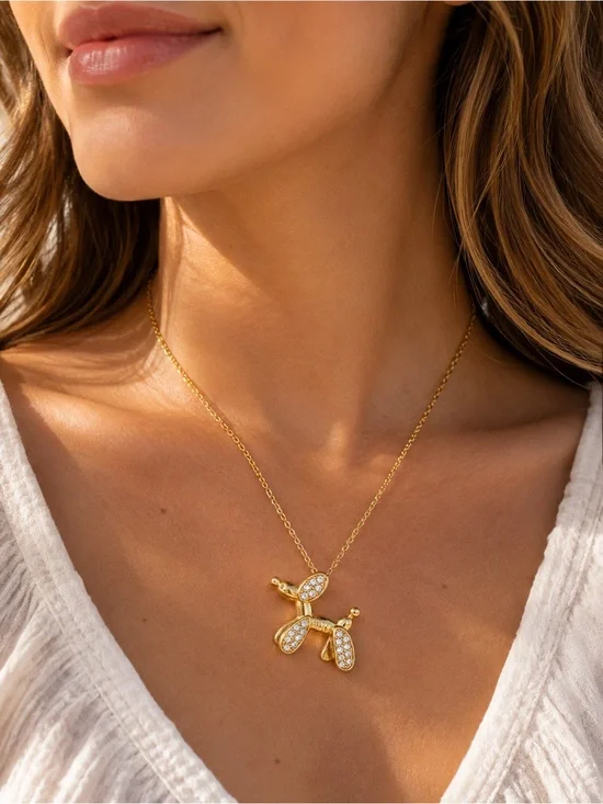 18K Gold Balloon Dog Necklace Cubic Zirconia Stainless Steel Waterproof NWT