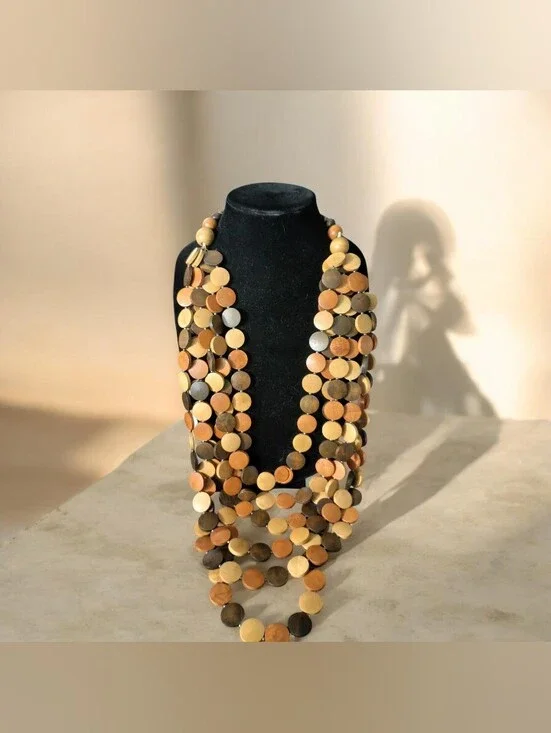 Multi-Strand Wooden Disc Necklace in Natural Tones