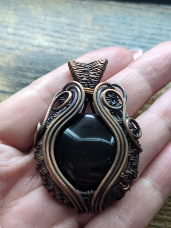 Handcrafted Black Onyx Wire-Wrap Pendant in Antique Copper