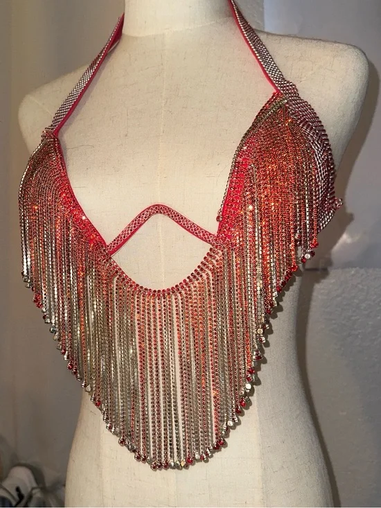 Red Fringe Crystal Chain Bra Top