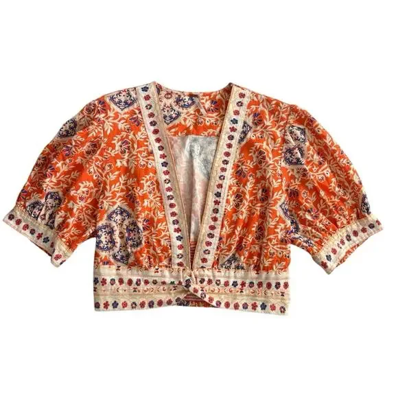 Free People Orange White Boho 100% Cotton Top Medium