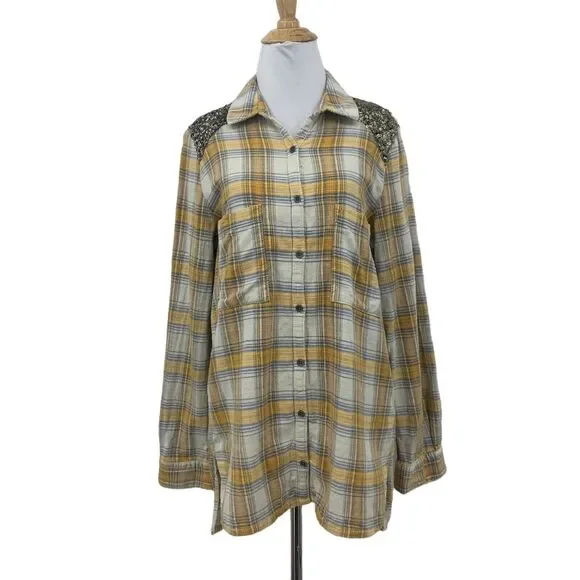 Free People Little Bit of Sugar Shirt Womens S Plaid Flannel Sequin Mesh Panel