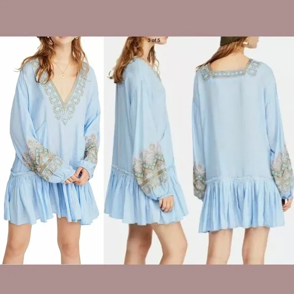 NWT $148 Free People [ XS ] Wild One‎ Embroidered Mini Dress in Blue Skies