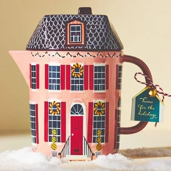 NWT ANTHROPOLOGIE Christmas Chalet Teapot Holiday House Pink Red