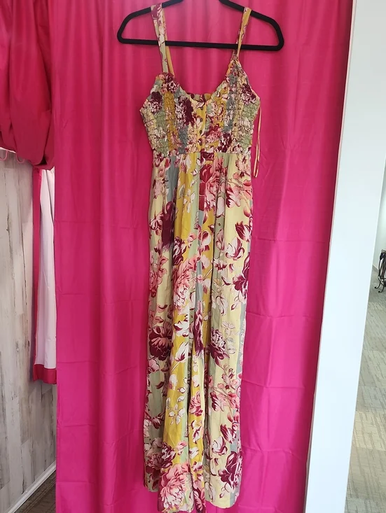 Free People Yellow Floral Smocked Jumpsuit with Burgundy Accents