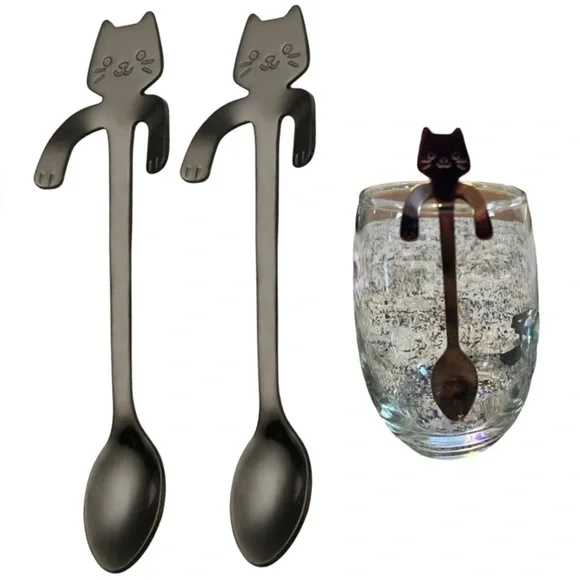 Cat Spoons Tea Spoons Stirrers Cup Hugging Kitty Cats Stainless Black 2 PC Set