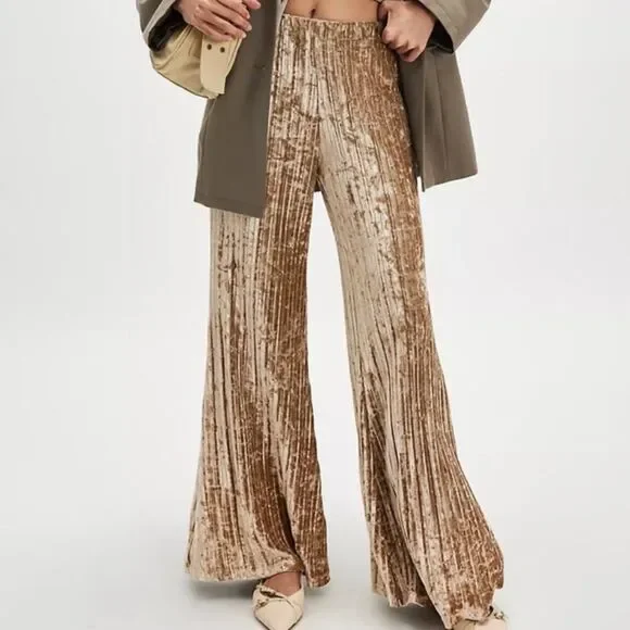 Free People Star Sign Ribbed Pleated Wide Leg Velvet Pants O18