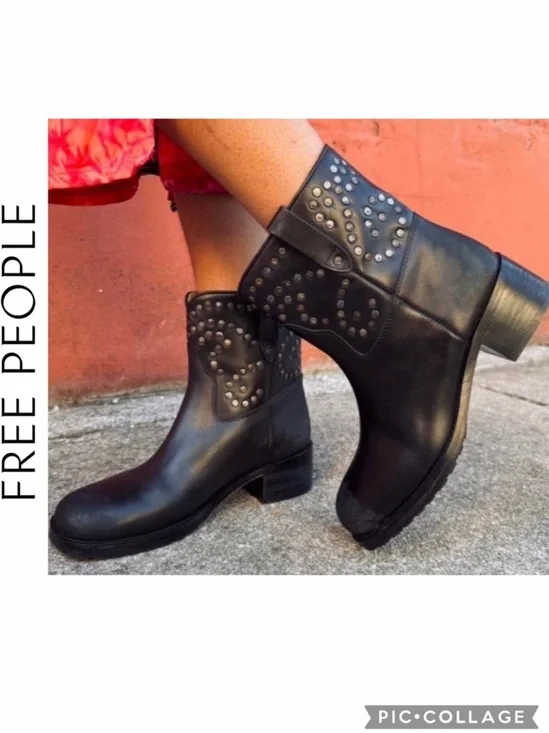 Free People Ankle Boots Harmony Black Distressed Studded Grunge Moto Biker core‎