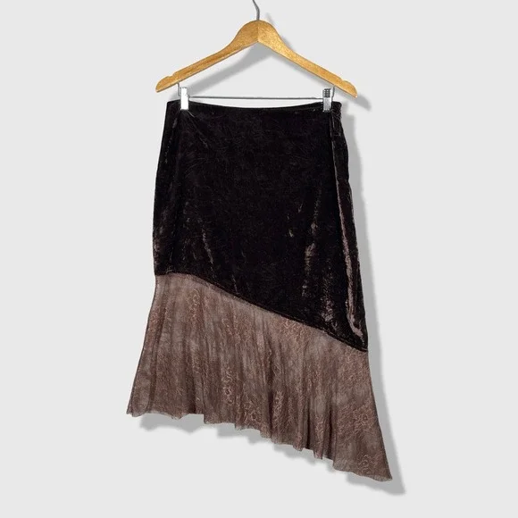 Free People Midi Skirt Womens 4 Brown Velvet Lace Asymmetric Whimsigoth Gothic