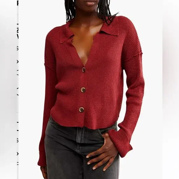 Free People Ella Button Up Sweater Ribbed Knit Cardigan
