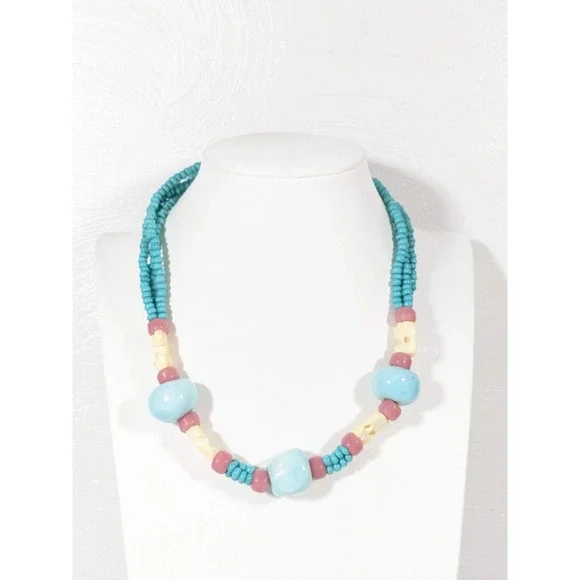 Elephant Bead‎ Necklace Blue Glass & Ivory Tone Ceramic Beads 17