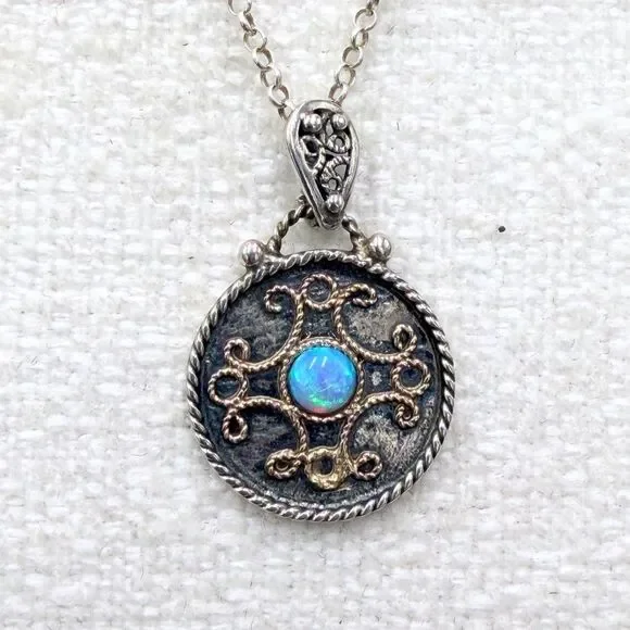 Sterling Silver 14K Gold Opal Pendant Necklace 16