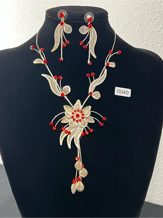 Elegant Red Floral Pendant Necklace & Earring Set - Women Jewelry