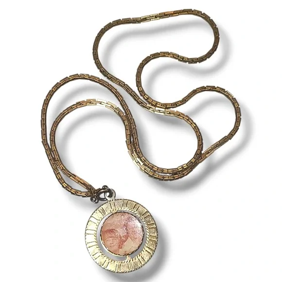 Vintage‎ 70s Gold Plated Spinner Photo Pendant Necklace Double Sided Locket 24in