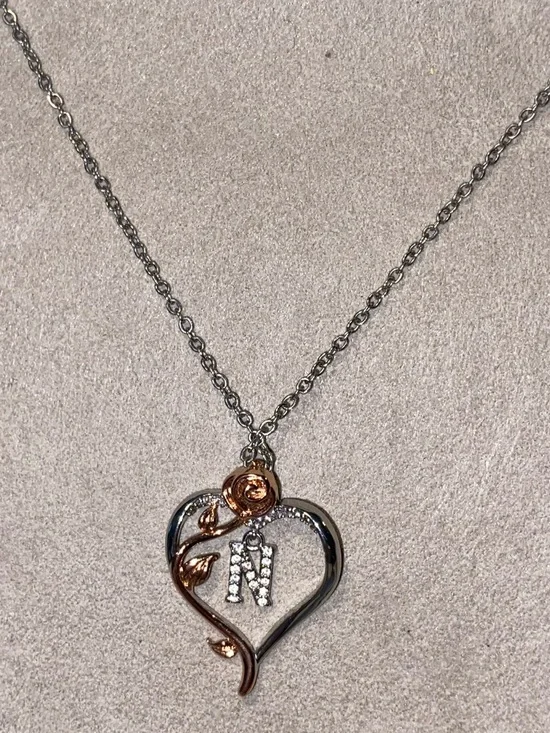 “N” Heart Pendant Necklace with Accent Stones-Silver & Rose Gold Initial