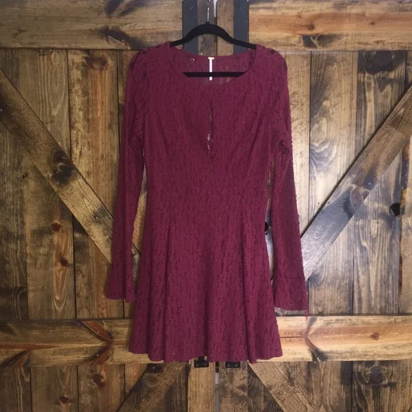NWOT Free People maroon lace long sleeve dress!