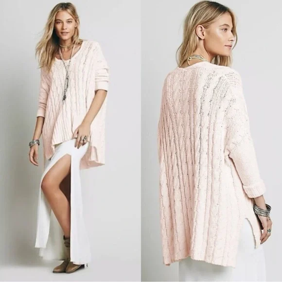 FREE PEOPLE Easy Cable Knit Pink Vneck Sweater Pullover Top